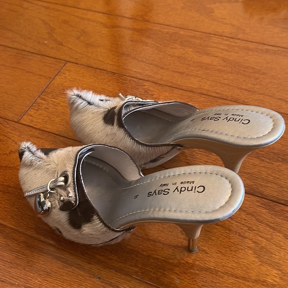 Italian sandals wood heels pomps 6 Cindy Says goat hair, unique decoration metal - Picture 3 of 12